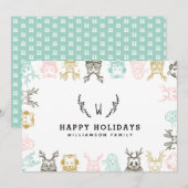 Modern Etched Style Woodland Dieren Kerstmis Feestdagenkaart (Voorkant / Achterkant)