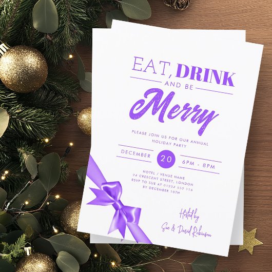 Modern eten, Drink zijn vrolijk Xmas Paarse lint Kaart