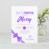 Modern eten, Drink zijn vrolijk Xmas Paarse lint Kaart (Staand voorkant)