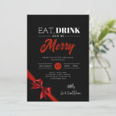 Modern eten, Drink zijn vrolijk Xmas rood lint zwa Kaart (Staand voorkant)