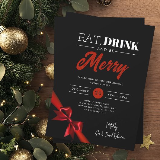 Modern eten, Drink zijn vrolijk Xmas rood lint zwa Kaart