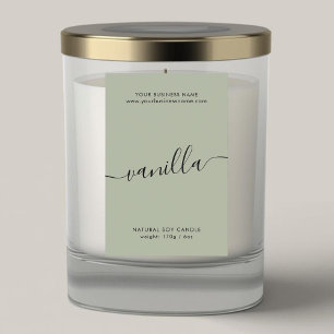 Modern etiket met groene scriptkaarsen voor sage
