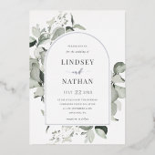 Modern Eucalyptus Arch Wedding Silver Folie Uitnodiging (Voorkant)