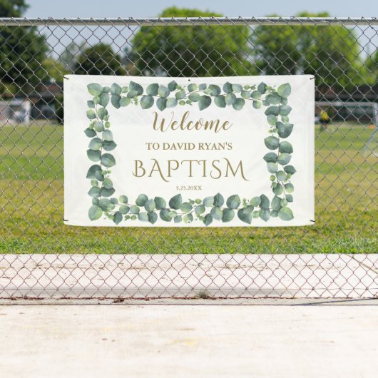 Modern Eucalyptus Boy Baptism Welcome Sign Spandoek (Insitu)
