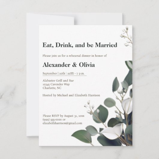 Modern eucalyptus bruiloft repetitie diner kaart (Voorkant)