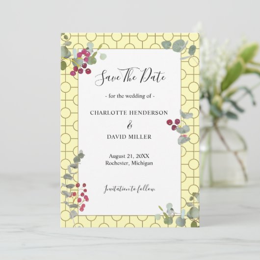 Modern Eucalyptus Burgundy Berry Greenery Wedding Save The Date (Staand voorkant)