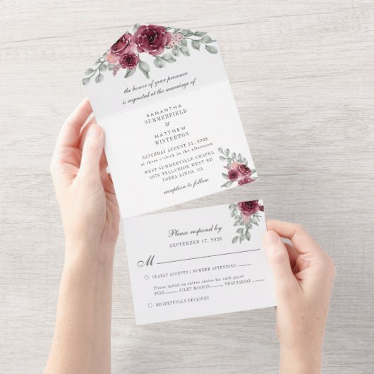 Modern Eucalyptus Burgundy Floral Wedding All In One Uitnodiging (Afscheurbaar)
