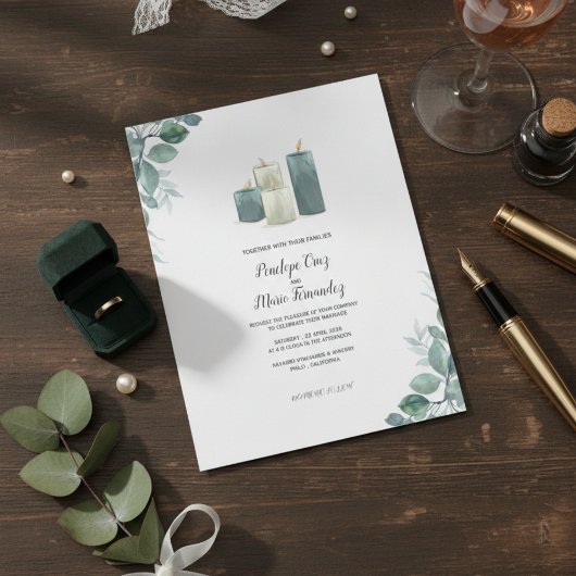 Modern Eucalyptus & Candle Wedding Invitation  Kaart