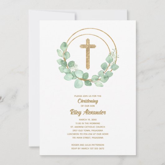Modern Eucalyptus Christening Kaart (Voorkant)