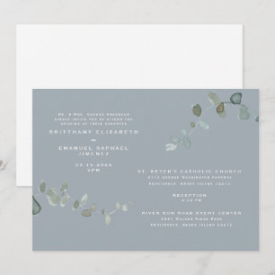 Modern Eucalyptus Dusty Blue Two Venues Wedding Kaart