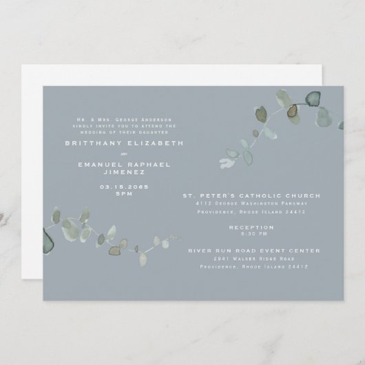 Modern Eucalyptus Dusty Blue Two Venues Wedding Kaart (Voorkant / Achterkant)