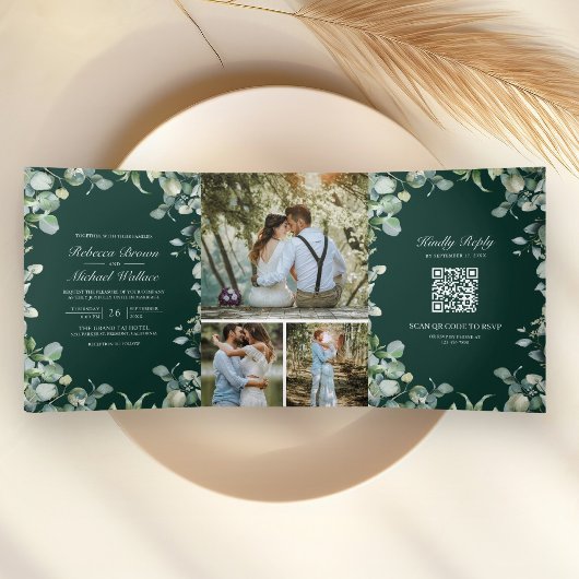 Modern Eucalyptus Emerald Green QR Code Wedding Drieluik Uitnodiging