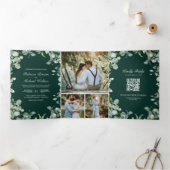 Modern Eucalyptus Emerald Green QR Code Wedding Drieluik Uitnodiging (Binnen)