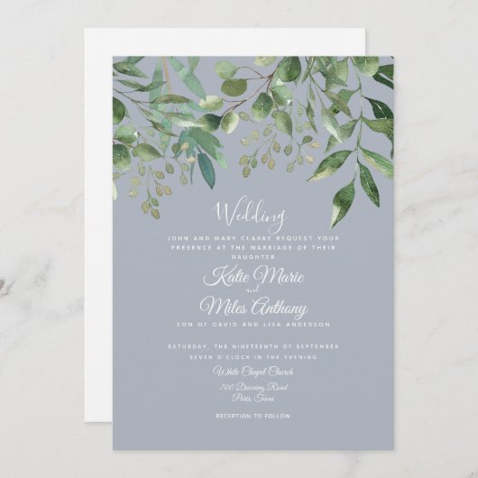 Modern Eucalyptus Foliage Dusty Blue Wedding Invit Kaart (Voorkant / Achterkant)