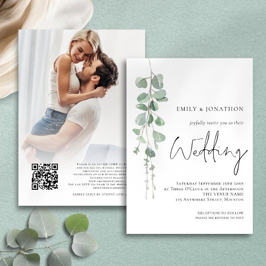 Modern Eucalyptus Fotoscript Sage Bruiloft Kaart