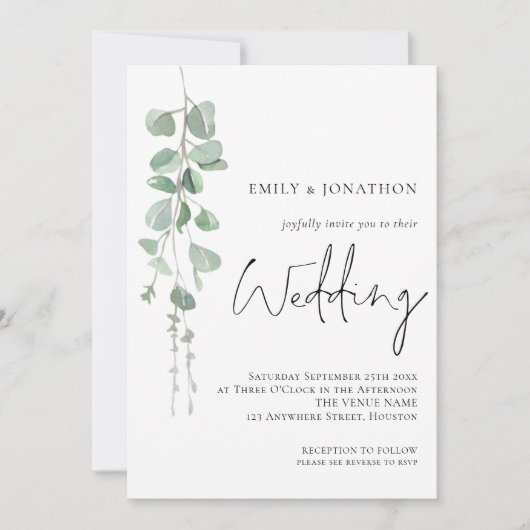 Modern Eucalyptus Fotoscript Sage Bruiloft Kaart (Voorkant)