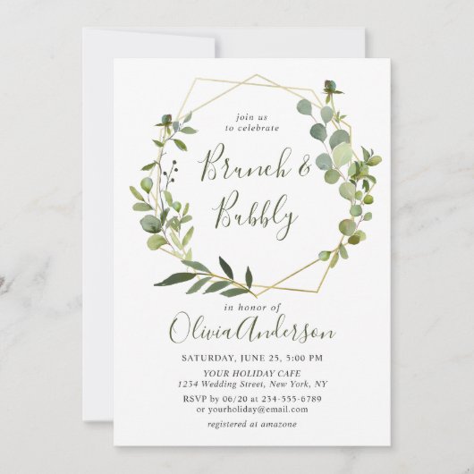 Modern Eucalyptus Geometric Lijst Brunch & Bubble Kaart (Voorkant)