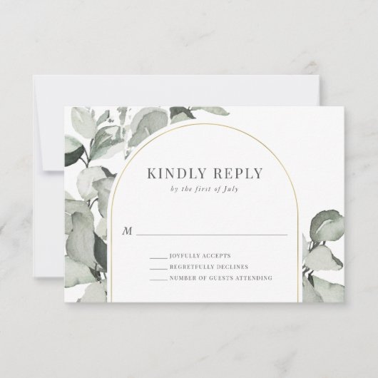 Modern Eucalyptus Gold Arch Wedding RSVP Kaartje (Voorkant)