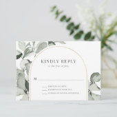 Modern Eucalyptus Gold Arch Wedding RSVP Kaartje (Staand voorkant)