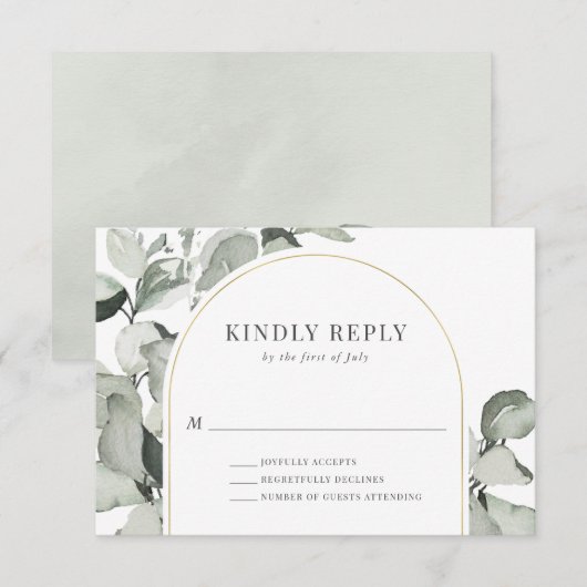 Modern Eucalyptus Gold Arch Wedding RSVP Kaartje (Voorkant / Achterkant)