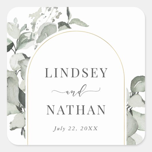 Modern Eucalyptus Gold Arch Wedding Vierkante Sticker (Voorkant)