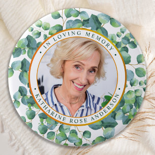 Modern Eucalyptus Gold Foto Funeral Memorial Ronde Button 7,6 Cm