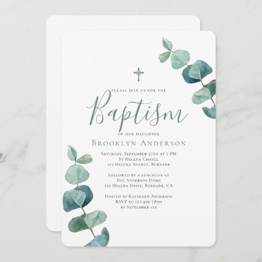 Modern Eucalyptus Greenery Baptism Invitation Kaart (Voorkant / Achterkant)
