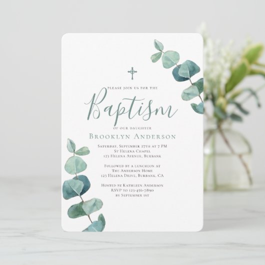 Modern Eucalyptus Greenery Baptism Invitation Kaart (Staand voorkant)