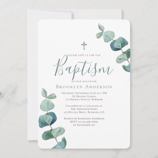 Modern Eucalyptus Greenery Baptism Invitation Kaart (Voorkant)