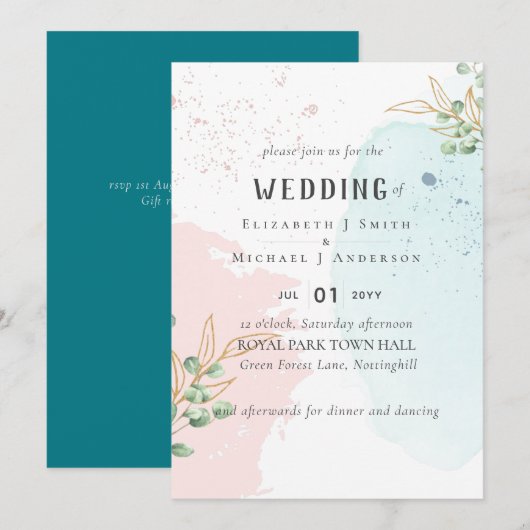 Modern Eucalyptus Greenery Blue Pink Wedding (Voorkant / Achterkant)