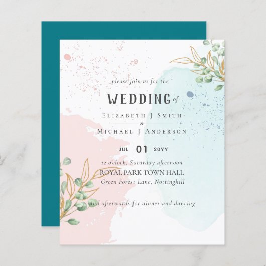 Modern Eucalyptus Greenery Blue Pink Wedding (Voorkant / Achterkant)