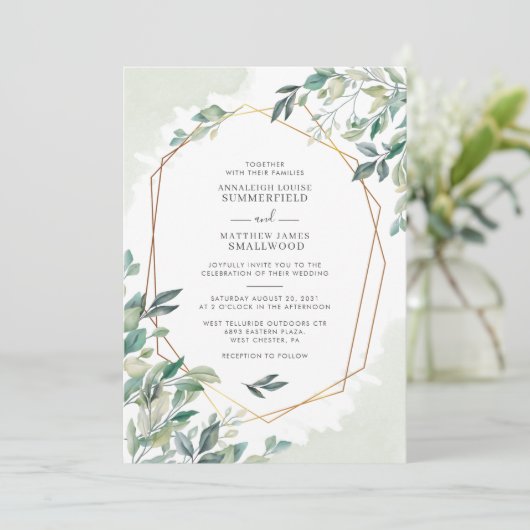 Modern Eucalyptus Greenery Gold Geometric Wedding Kaart (Staand voorkant)