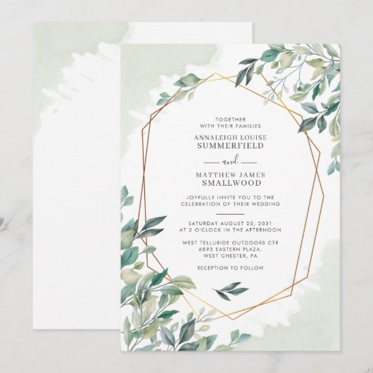 Modern Eucalyptus Greenery Gold Geometric Wedding Kaart (Voorkant / Achterkant)