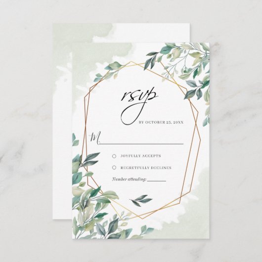 Modern Eucalyptus Greenery Gold Geometric Wedding RSVP Kaartje (Voorkant / Achterkant)