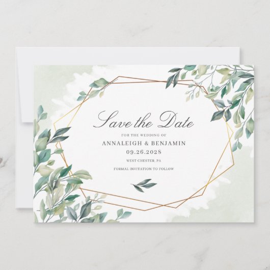 Modern Eucalyptus Greenery Gold Geometric Wedding Save The Date (Voorkant)