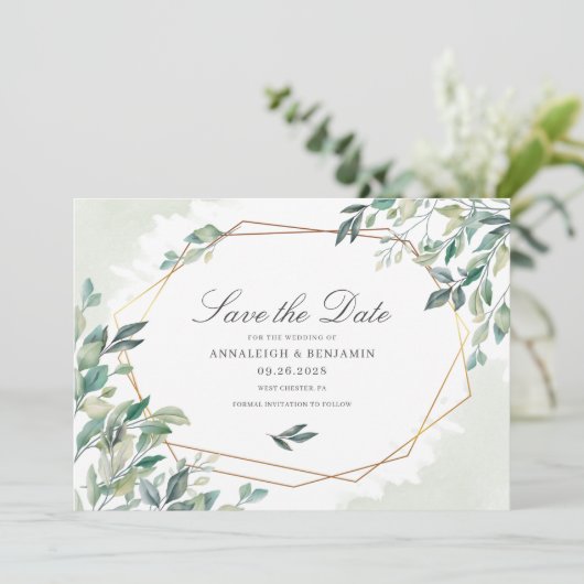 Modern Eucalyptus Greenery Gold Geometric Wedding Save The Date (Staand voorkant)