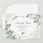 Modern Eucalyptus Greenery Gold Geometric Wedding Save The Date (Voorkant / Achterkant)