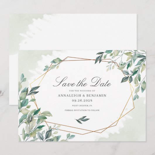 Modern Eucalyptus Greenery Gold Geometric Wedding Save The Date (Voorkant / Achterkant)
