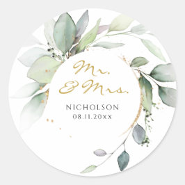 Modern Eucalyptus Greenery Gold Mr. & Mrs Classic Ronde Sticker