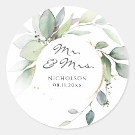 Modern Eucalyptus Greenery Gold Mr. & Mrs. Ronde Sticker