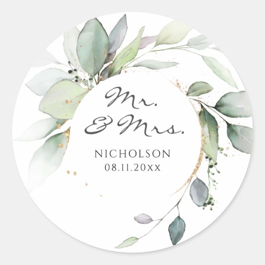 Modern Eucalyptus Greenery Gold Mr. & Mrs. Ronde Sticker (Voorkant)