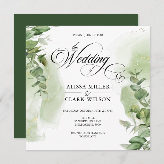 Modern Eucalyptus Greenery Gold Wedding Invitation (Voorkant / Achterkant)