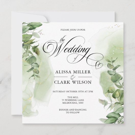 Modern Eucalyptus Greenery Gold Wedding Invitation (Voorkant)