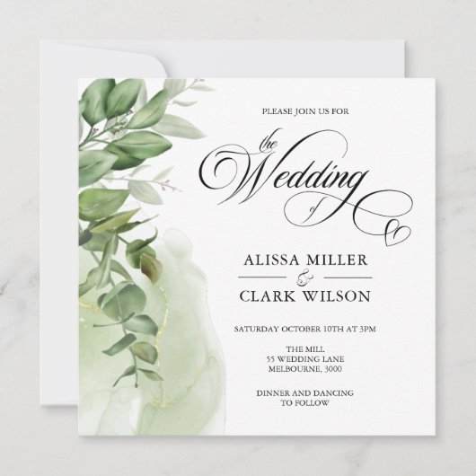 Modern Eucalyptus Greenery Gold Wedding Invitation (Voorkant)