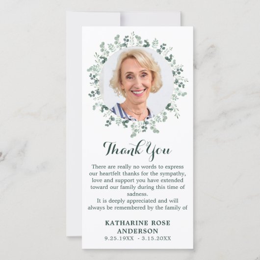 Modern Eucalyptus Greenery Memorial Foto Funeral Bedankkaart (Voorkant)