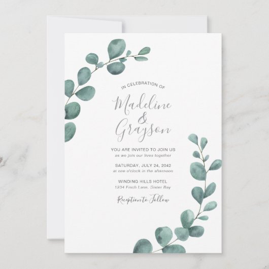 Modern Eucalyptus Greenery Script Wedding Kaart (Voorkant)