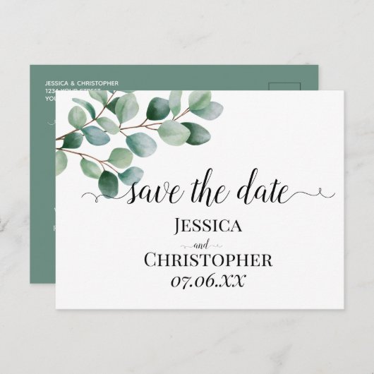 Modern Eucalyptus Greenery Wedding Aankondigingskaart (Voorkant / Achterkant)