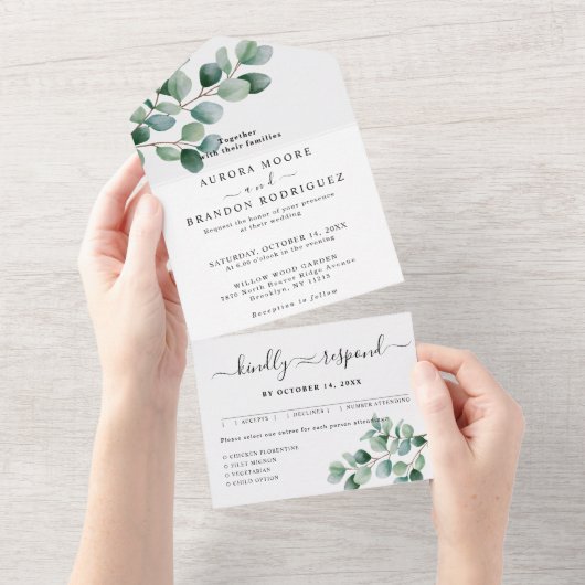 Modern Eucalyptus Greenery Wedding All In One Uitnodiging (Afscheurbaar)