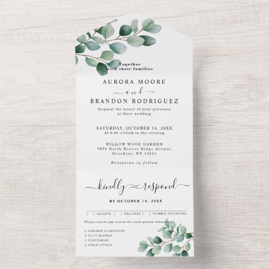Modern Eucalyptus Greenery Wedding All In One Uitnodiging (Binnen)
