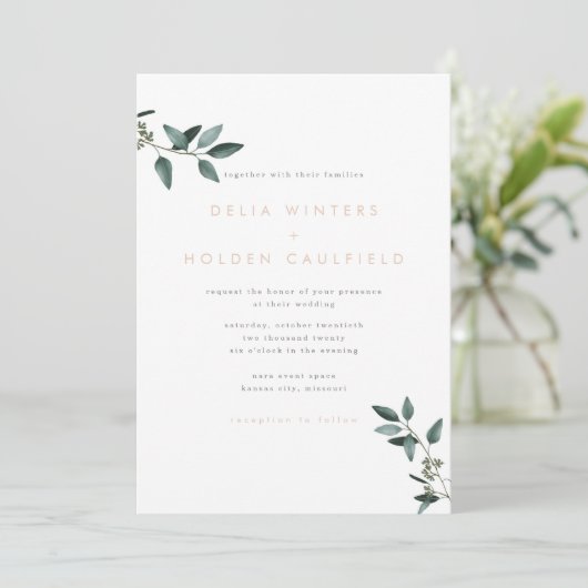 Modern Eucalyptus Greenery Wedding Invitation Kaart (Staand voorkant)
